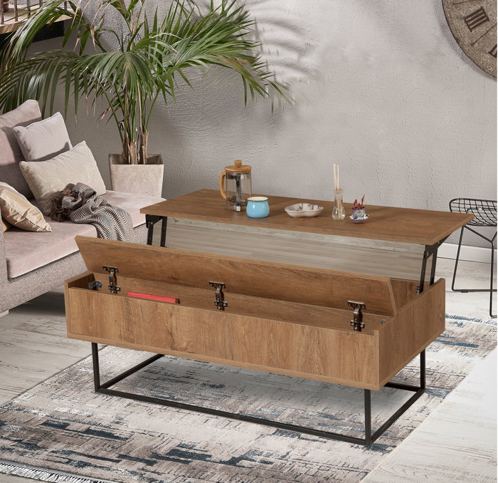 Hanah Home Mesa de Centro Multiusos 2 Niveles Industrial Nogal y Negro Tablero Melaminado Metal 120x60x43 cm